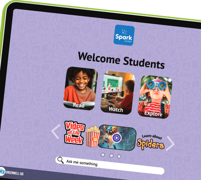 Spark tablet showing the Welcome Students home screen with Read, Watch, and Explore tiles
